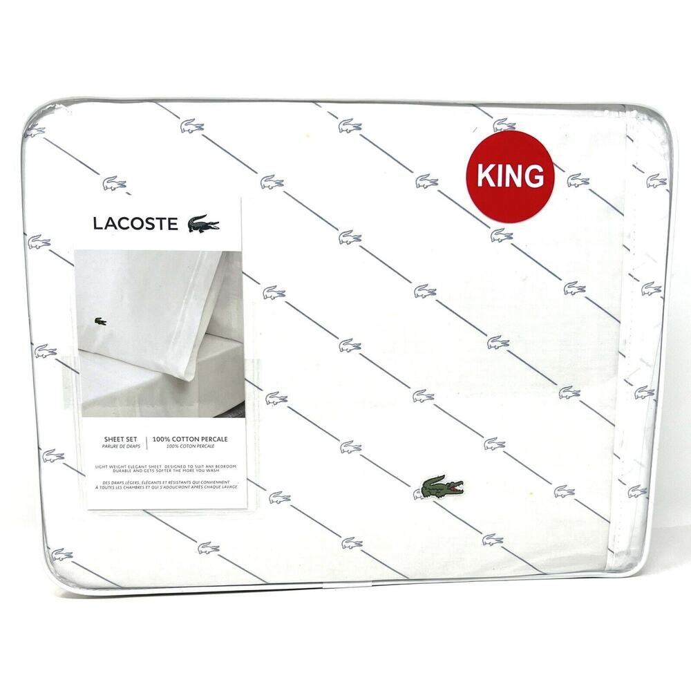 Lacoste Crocodile Logo KING Sheet Set White Blue 100% Cotton Percale Alligator